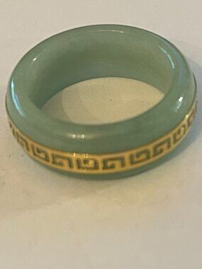 14K Marked Green Stone Band Ring Size 10 | Greek Key Gold Detail | Jade Look Sta